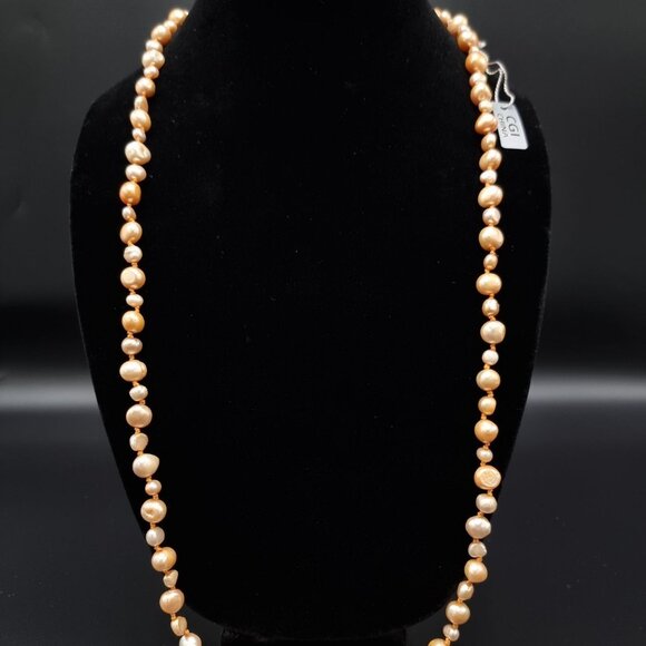 CGI Freshwater Pearl Long Necklace Hand-Knotted Natural Iridescent Peach - Picture 2 of 6